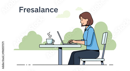 Woman freelancer working on laptop at outdoor cafe table with coffee