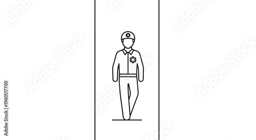 Graphic line art icon of an emergency medical services worker in uniform, depicting healthcare and