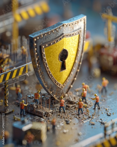 Shield icon with lock being built by tiny workers like a construction site, detailed miniature scene