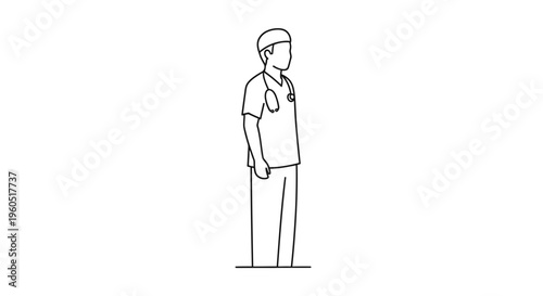 Minimalist line art illustration of a healthcare worker in scrubs with stethoscope, representing