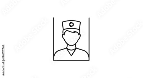 Minimalist line art icon of a medical professional wearing a scrub cap with a cross symbol