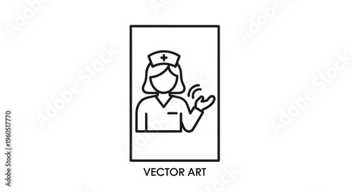 Line art illustration of a friendly female nurse offering assistance in a healthcare setting