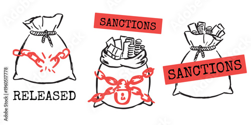 Economic sanctions and financial freedom concept set, money bag in chains with padlock and broken chains, rejected sanctions rubber stamp, hand drawn vector sketch.