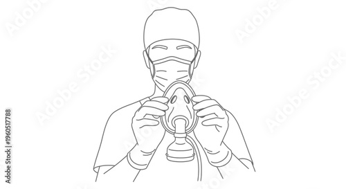 Healthcare worker in mask and cap holding an oxygen respirator for patient care