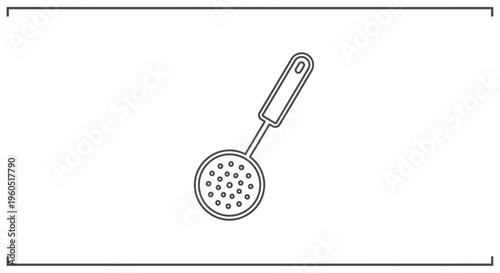 Minimalist line art illustration of a kitchen skimmer utensil for culinary preparation