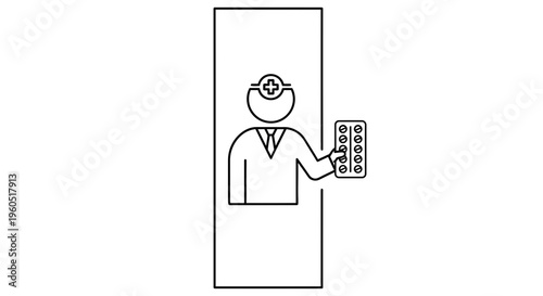 Medical professional offering prescription pills in blister pack line art illustration for health