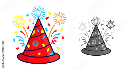 Birthday Party Hat with Fireworks and Confetti - Color and Grayscale
