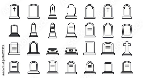 Collection of Various Tombstone and Gravestone Icons, Vector Illustration
