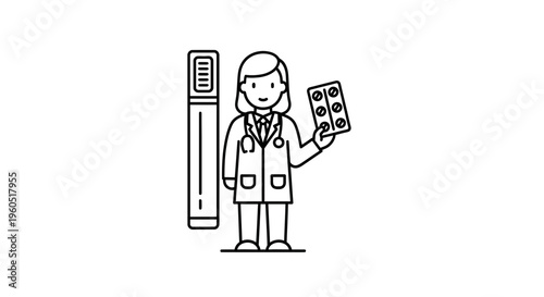 Friendly medical professional presenting essential medication alongside a health monitoring device