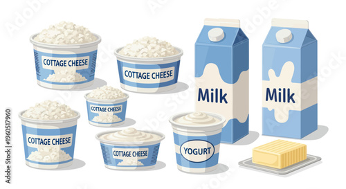 Dairy Products Assortment: Milk, Cottage Cheese, Yogurt, Butter - Healthy Food Icons