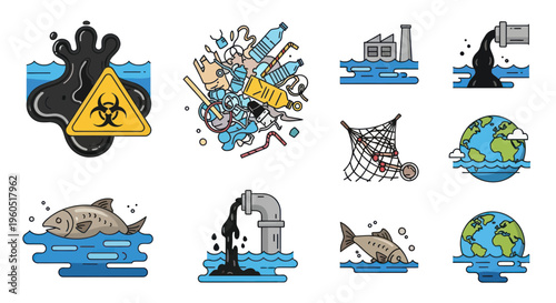 Environmental Pollution Icons: Oil Spill, Plastic Waste, Factory Emissions, Dead Fish, Earth