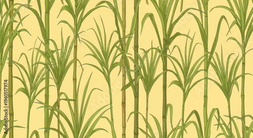 Green sugarcane stalks with long leaves pattern on yellow background