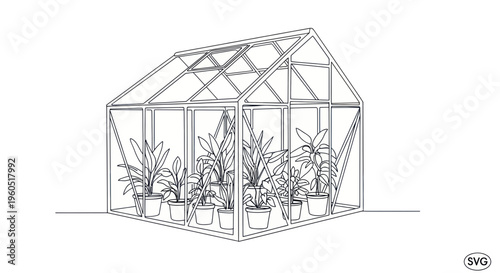 Greenhouse with Potted Plants Outline Drawing