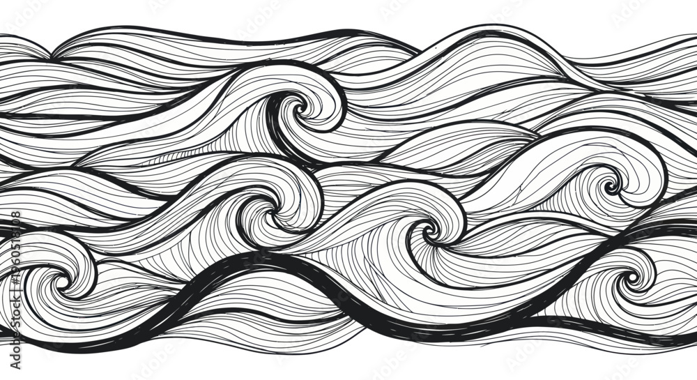 Fototapeta premium Abstract Black and White Wavy Lines Pattern, Hand Drawn Ocean Waves