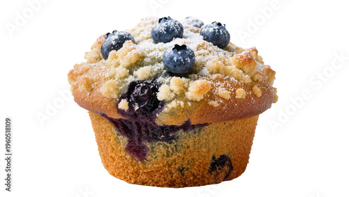 Fotografía Golden-brown blueberry muffin with sweet streusel and fresh berries, isolated on