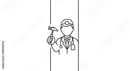 Minimalist line art of a medical professional with a hammer, symbolizing care and repair in