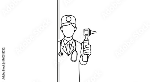 Minimalist line art illustration of a healthcare professional holding an otoscope for ear