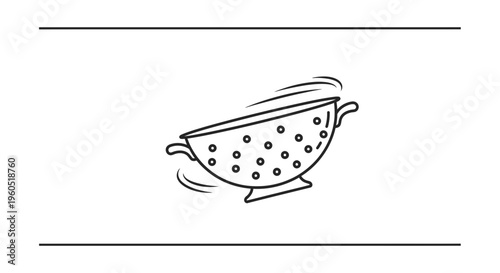 Minimalist line art illustration of a kitchen colander utensil for draining food