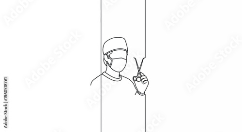 Minimalist continuous line drawing of a medical professional wearing a mask and holding surgical