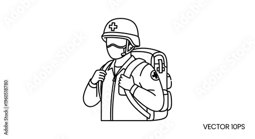 Detailed line art of a dedicated frontline healthcare worker preparing for duty in tactical gear