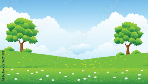 A peaceful landscape featuring green hills trees and a blue sky