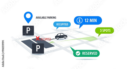 Smart Parking App Navigation: Available Spots, Occupied, Reserved, and Time Estimates