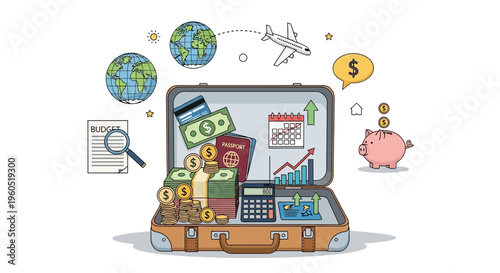 Travel Budgeting and Savings: Open Suitcase with Money, Passports, and Airplane