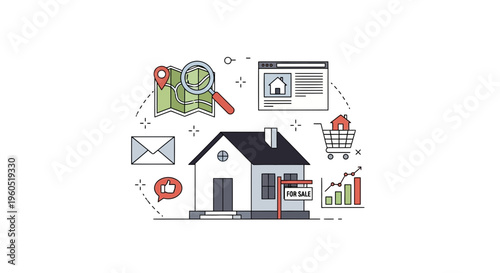 Foto Real Estate Concept: House, Map Search, Online Listing, For Sale Sign, Growth Ch