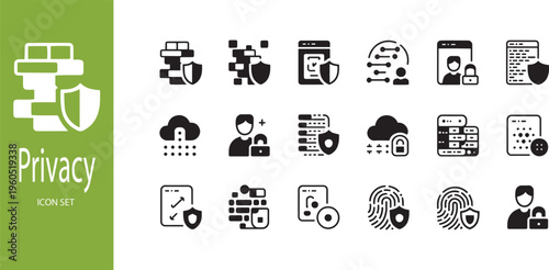 Data Privacy and Cyber Security Glyph Icon Set: Network Firewall, Cloud Protection, and Biometric Identity Icons