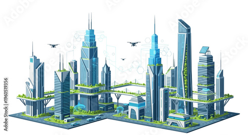 Futuristic city with eco-friendly skyscrapers, green spaces, and drones on white background.