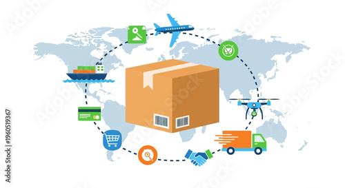 Global Logistics and Shipping Network Concept with Delivery Icons and World Map