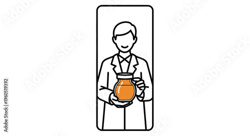Smiling professional in a lab coat presents a jar of golden liquid with expertise and care