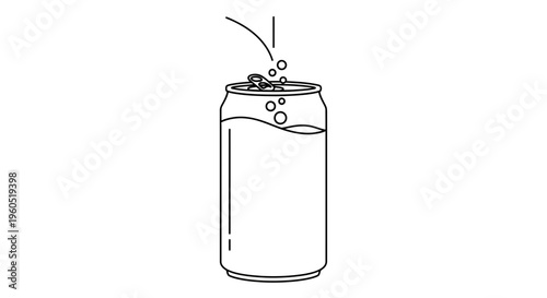 Line art illustration of an opened beverage can with effervescent bubbles and refreshing liquid