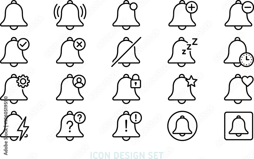 Obraz premium Icon set of outline notification bell and alert system symbols. Featuring linear alarm, snooze, reminder, and setting icons. Minimalist thin line notification graphics vector design.