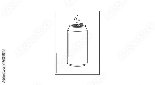 Minimalist black outline drawing of an open carbonated beverage can with effervescent bubbles
