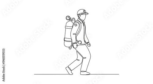 Continuous line art depicting a dedicated medical rescuer carrying vital oxygen equipment for