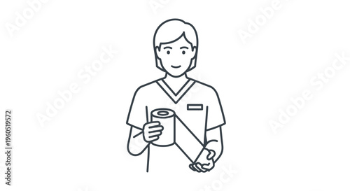 Essential hygiene care professional providing a toilet paper roll, simple clean line art