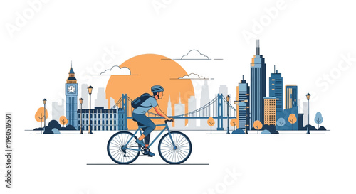 Cyclist rides bicycle against a vibrant city skyline and sunset backdrop