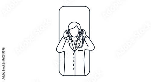 Doctor using stethoscope within smartphone frame illustration for digital health and remote