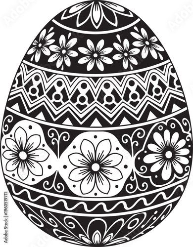 Intricate Black and White Easter Egg Design with Floral and Geometric Patterns