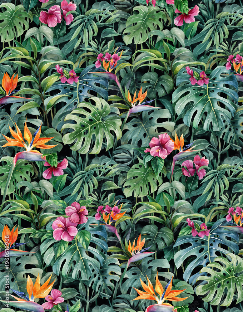 Obraz premium Vibrant Tropical Jungle Watercolor Painting With Dense Exotic Flowers And Lush Green Foliage