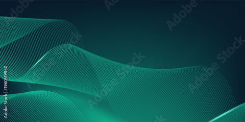Abstract smooth green wavy lines on black and green background. Simple waves. Digital waves technology
