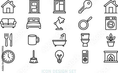 Icon set of outline household and furniture elements. Featuring thin line house, sofa, lamp, toilet, and laundry machine. Minimalist decor symbols for interior design projects vector design.