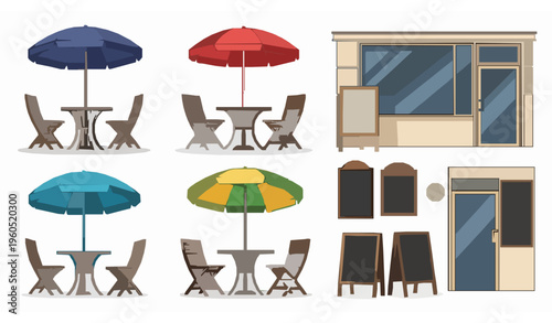 Street cafe outdoor furniture and facade elements set isolated on white background vector illustration