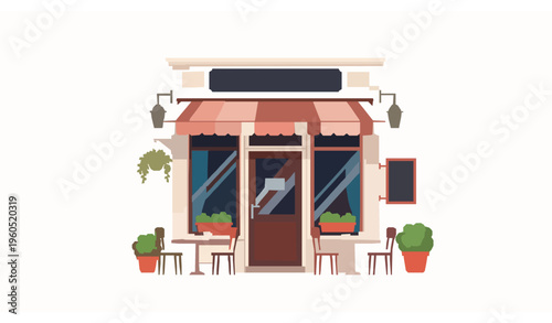 Old town street cafe with outdoor seating and awning flat style isolated on white background vector illustration