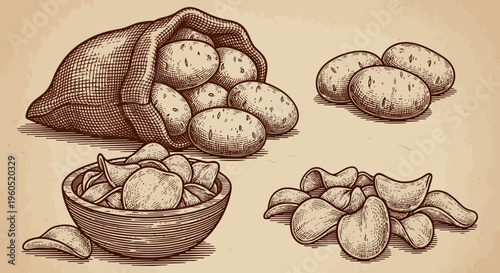 Hand-drawn potato elements: raw potatoes in sack, potato chips in bowl, sliced potatoes - sketch style, side dish