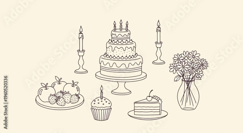 Artistic sketch of a tiered birthday cake, cupcakes, slice of cake, candles, and flowers, baked goods