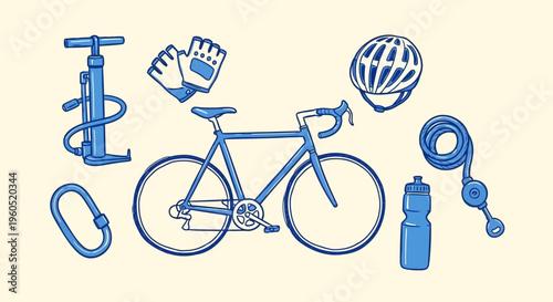 Cycling essentials sketched in blue: road bike, helmet, pump, gloves, water bottle, and jump rope for active lifestyle, hand drawn