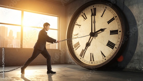 Businessman pulls giant chained clock, symbolizing intense struggle with time, deadlines, pressure, and the arduous effort for effective management in professional life
