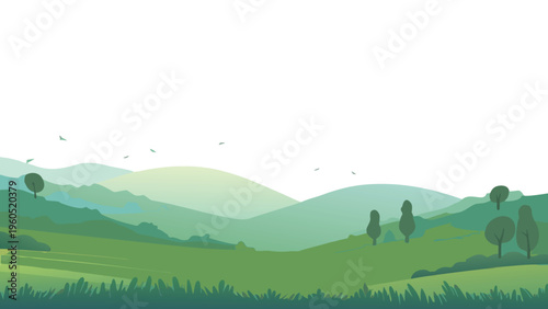 Serene landscape with rolling green hills and sparse trees